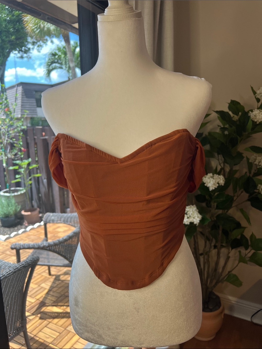 SHEIN Burnt Orange Off-Shoulder Ruched Crop Top